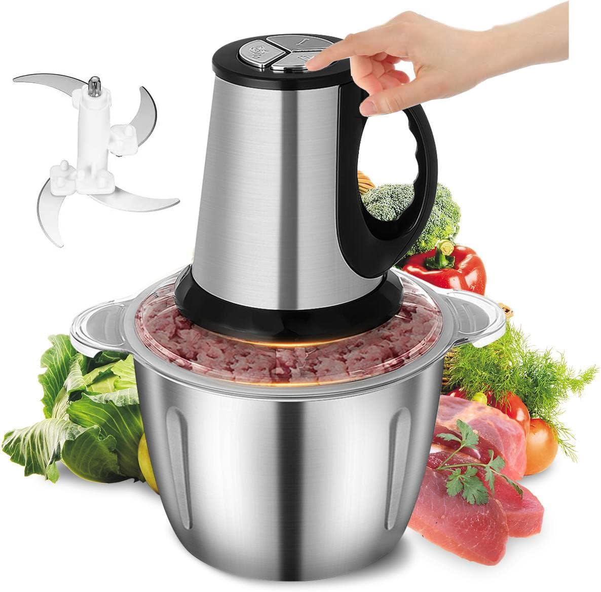 Electric Meat Grinder, Stainless Steel Electric Chopper  Automatic Food Processor With 3 Speed for Meat, Vegetables, Fruit and Nuts, Detachable and Washable